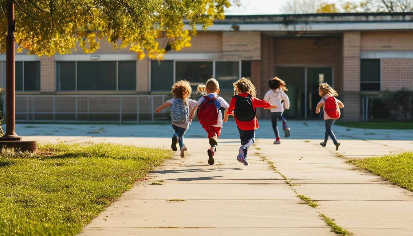 An image of a school yard and kids running to the building